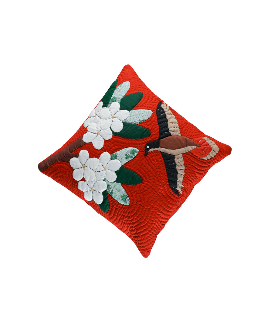 Red Champa with Bulbul Bird Cushion Cover