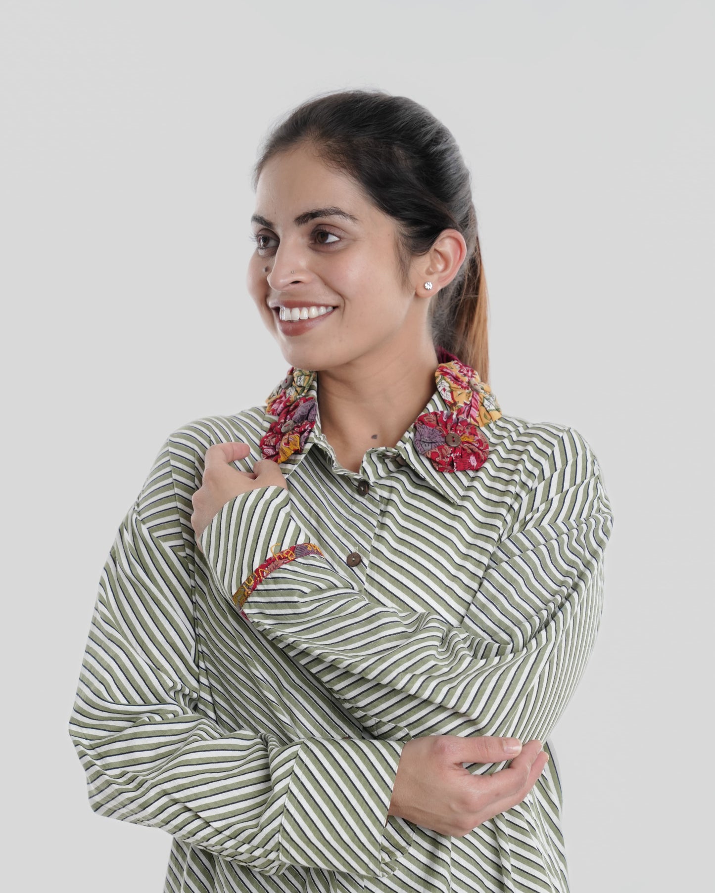 Frida Wearable Art Shirt, Green Leheriya
