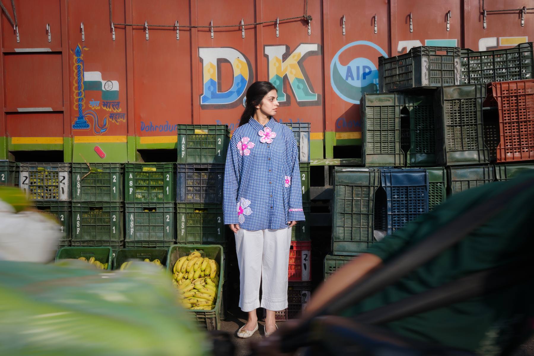 Hand-appliquéd gingham shirt worn at a Dehradun market