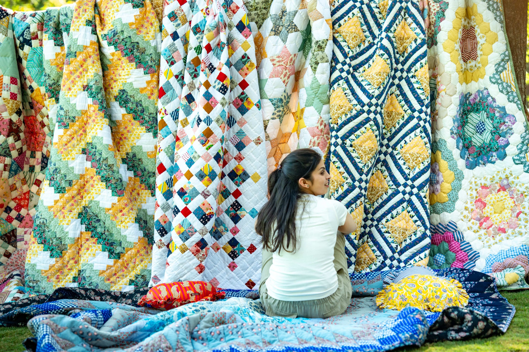 A lone-star patchwork quilt spread wide