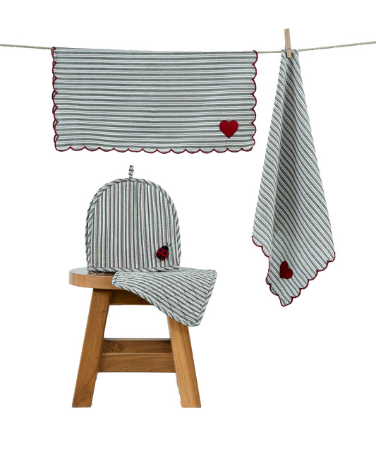 Grey & Maroon Stripe Ladybug & Heart Tea Cosy Set