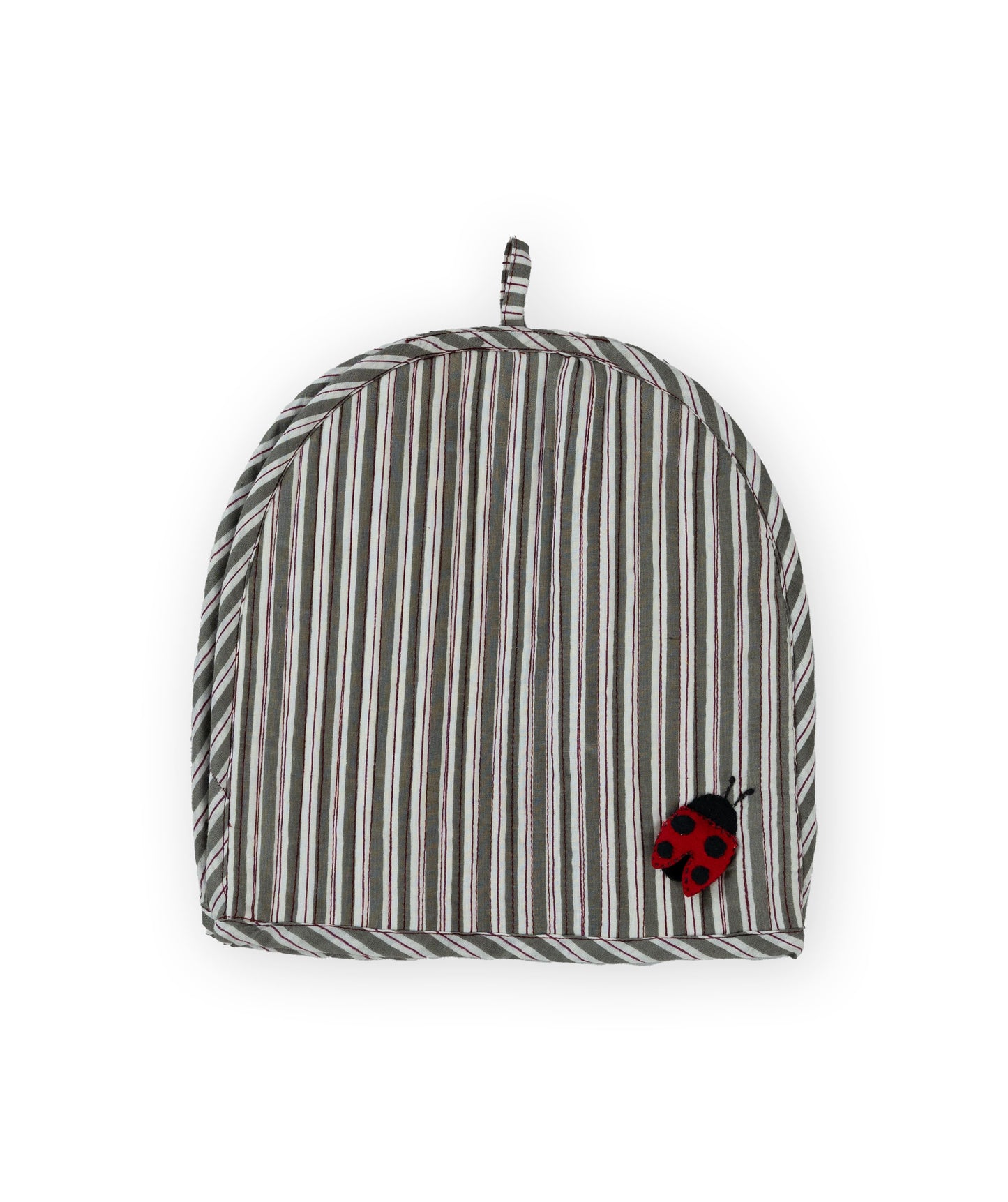 Grey & Maroon Stripe Ladybug & Heart Tea Cosy Set