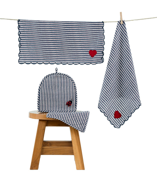 Blue Stripe Ladybug & Heart Tea Cosy Set