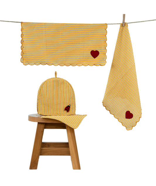 Yellow Stripe Ladybug & Heart Tea Cosy Set