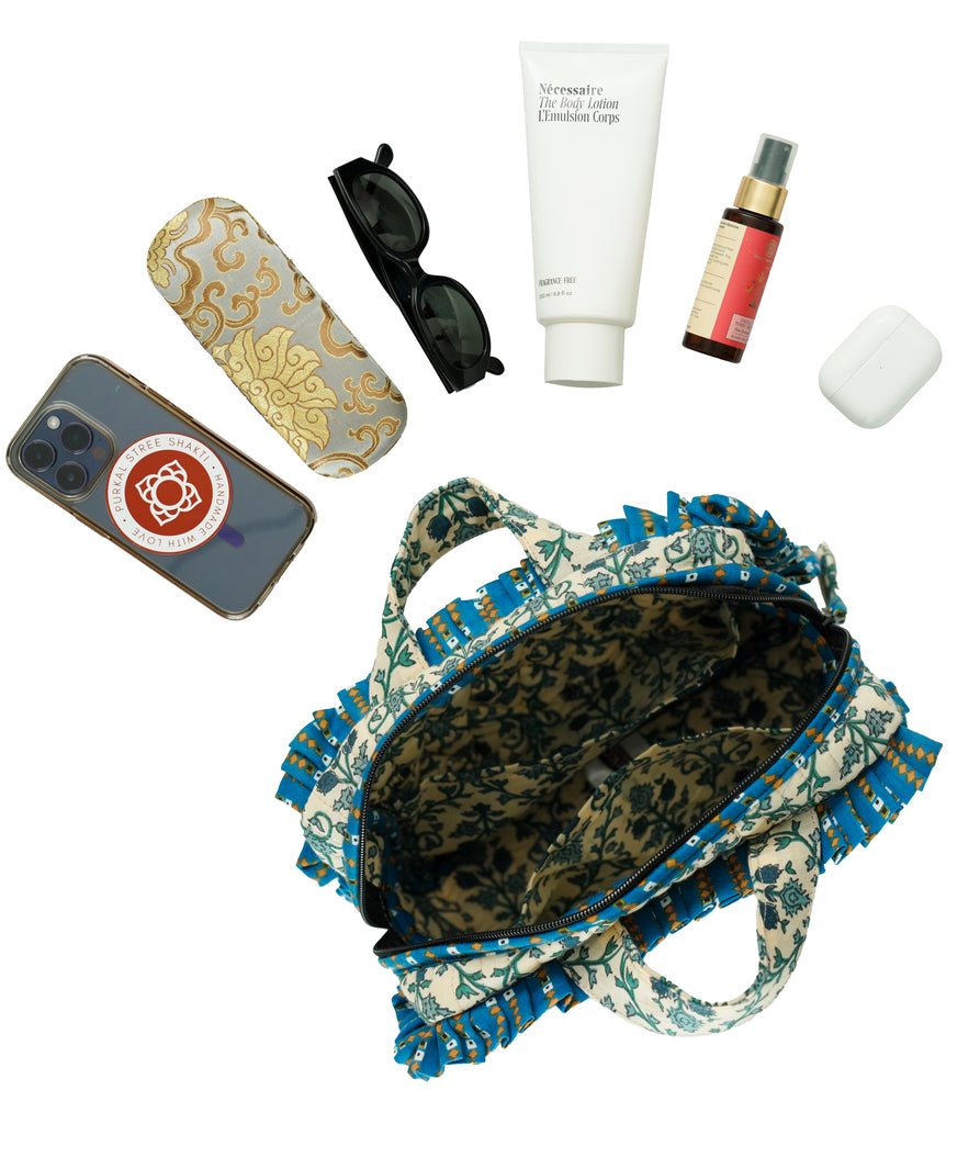 Blue Printed Travel Pouch with Frills