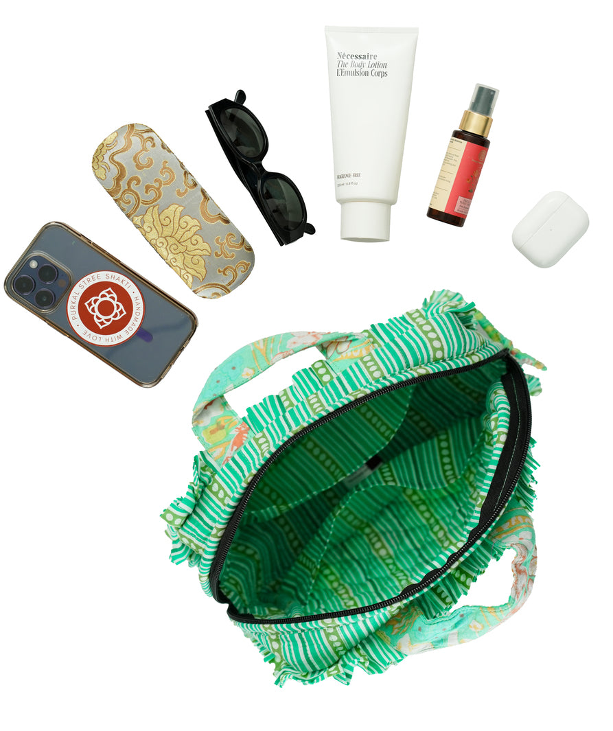 Teal Green Travel Pouch with Frills