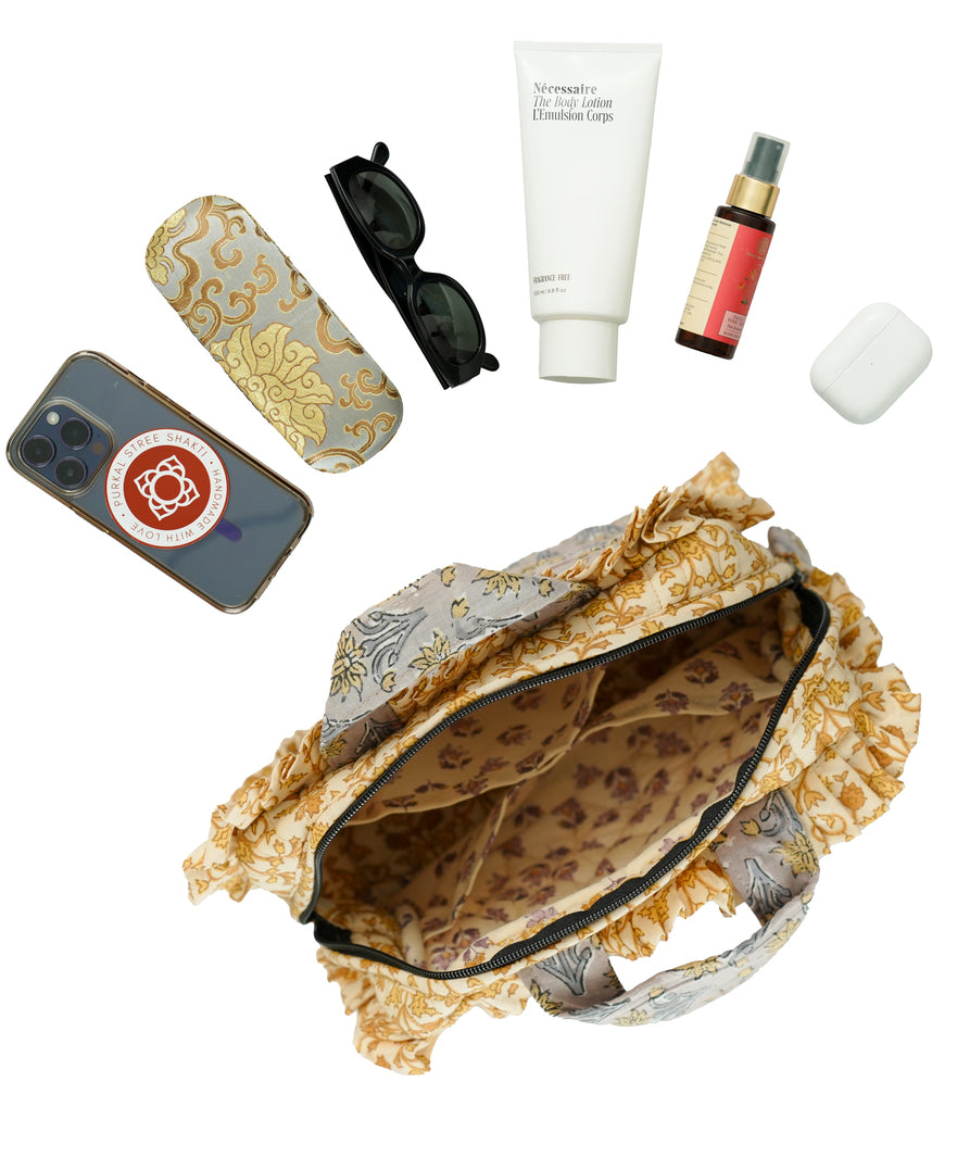 Grey & Mustard Printed Travel Pouch with Frills