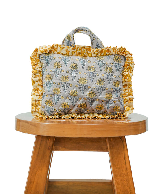 Grey & Mustard Printed Travel Pouch with Frills