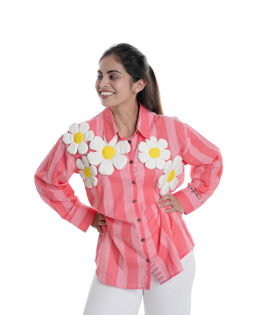Daisy Wearable Art Shirt, Powder Pink Bold Stripe