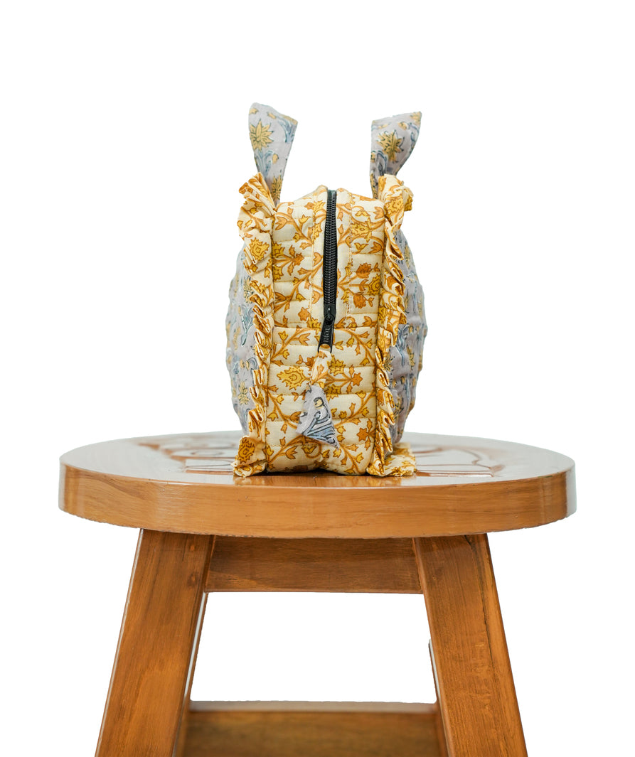 Grey & Mustard Printed Travel Pouch with Frills