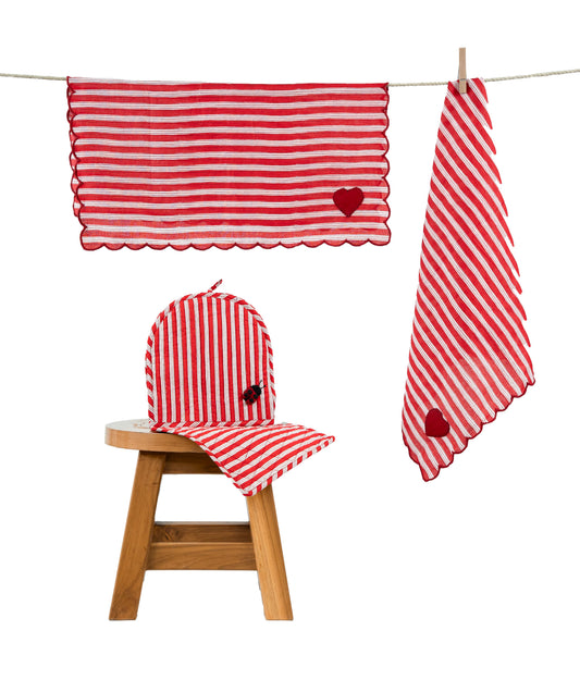 Red Stripe Ladybug & Heart Tea Cosy Set