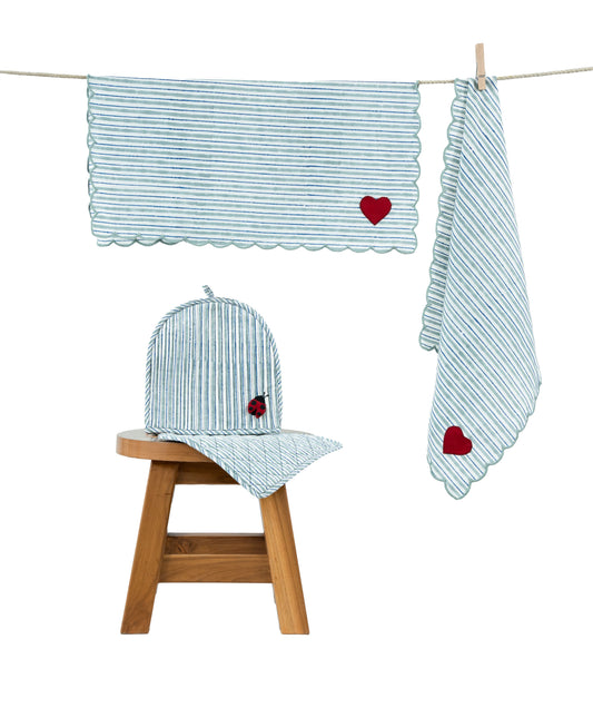Light Blue Stripe Ladybug & Heart Tea Cosy Set