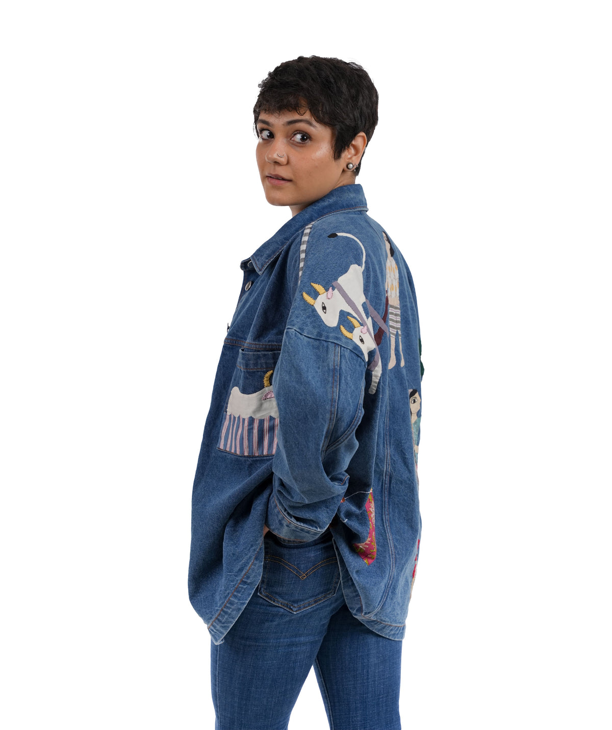 'Village Life' Wearable Art Denim Jacket
