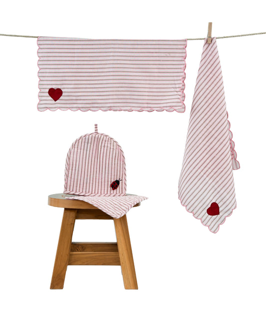 Light Pink Stripe Ladybug & Heart Tea Cosy Set