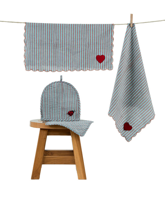 Blue & Mauve Stripe Ladybug & Heart Tea Cosy Set