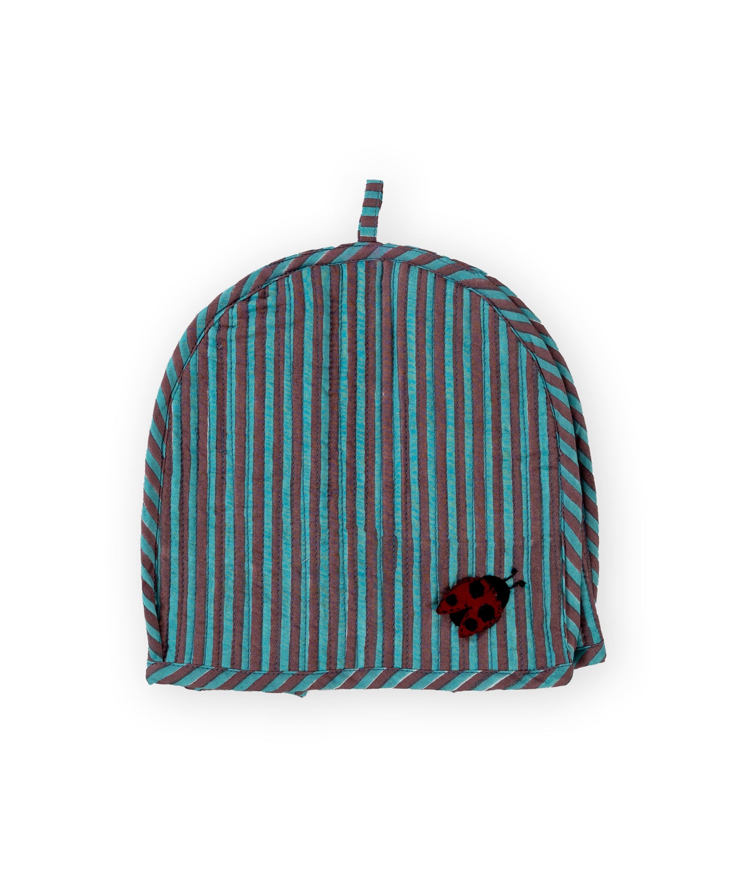 Blue & Mauve Stripe Ladybug & Heart Tea Cosy Set