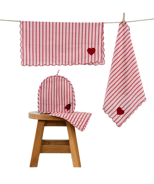 Red & White Stripe Ladybug & Heart Tea Cosy Set