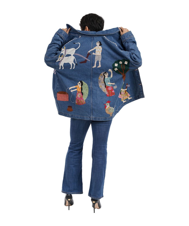 'Village Life' Wearable Art Denim Jacket