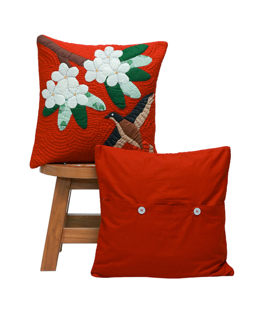 Red Champa with Bulbul Bird Cushion Cover