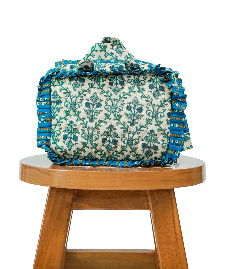 Blue Printed Travel Pouch with Frills