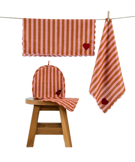 Rust Stripe Ladybug & Heart Tea Cosy Set