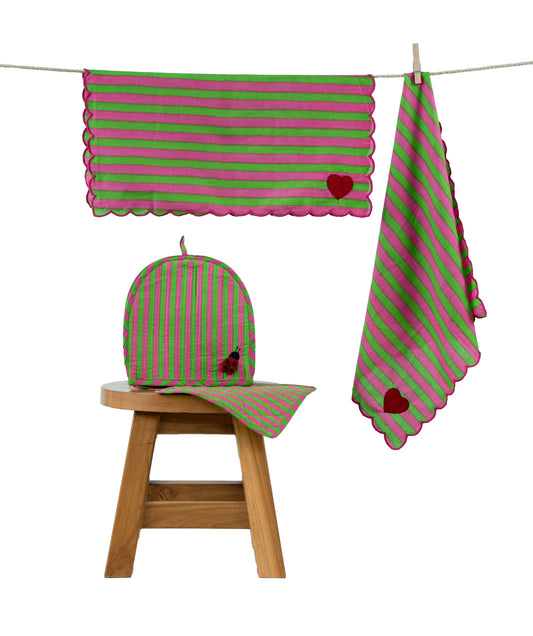 Green & Pink Stripe Ladybug & Heart Tea Cosy Set