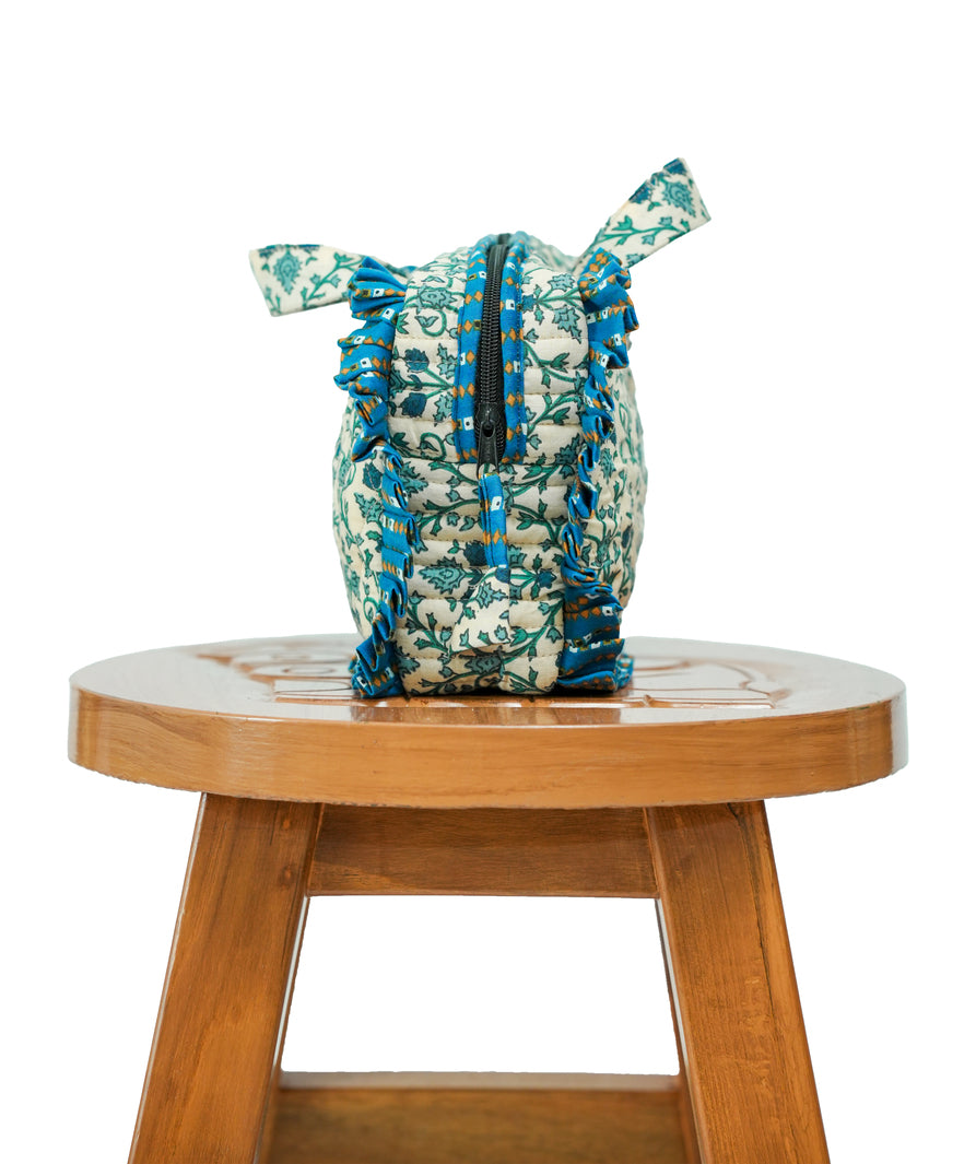 Blue Printed Travel Pouch with Frills