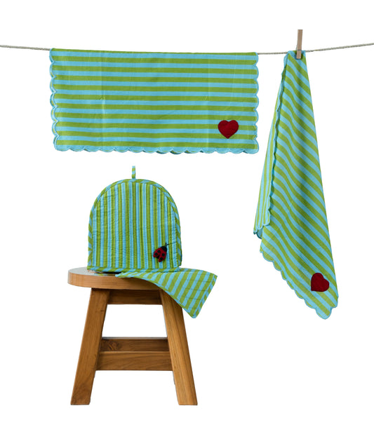 Green Stripe Ladybug & Heart Tea Cosy Set