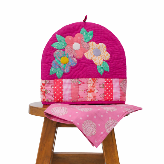Pink Three Flower Tea Cosy Set