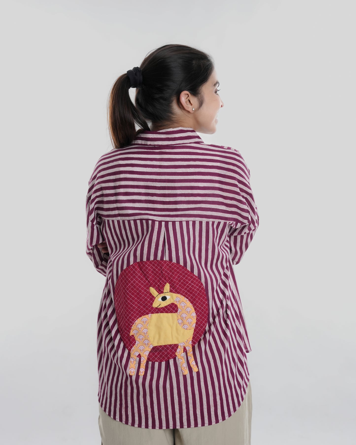 Gond Wearable Art Shirt, Maroon Stripe