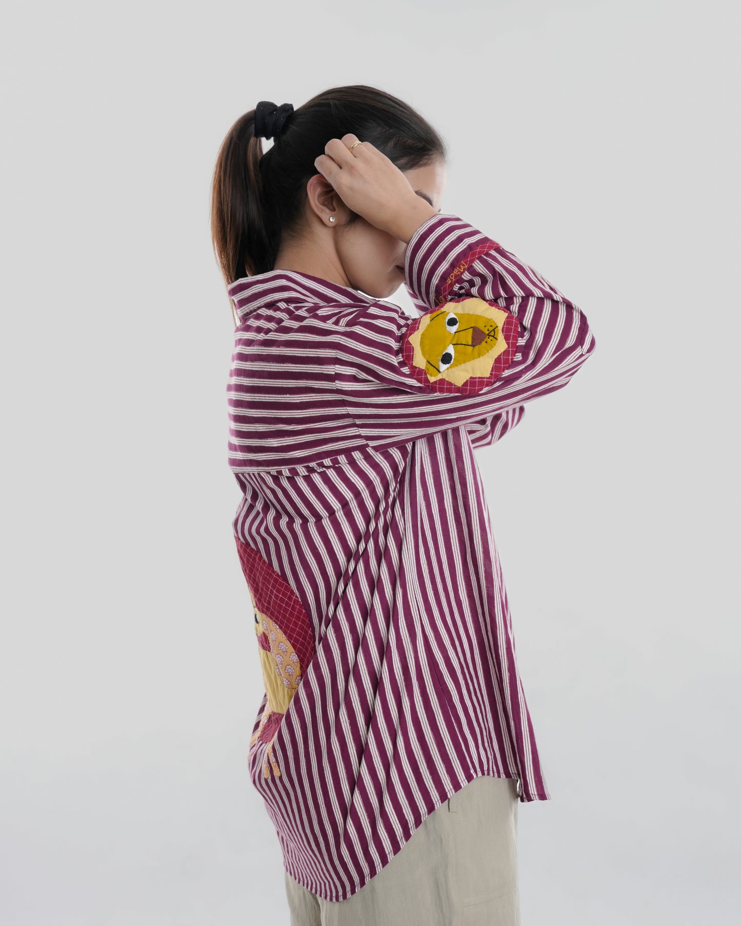 Gond Wearable Art Shirt, Maroon Stripe