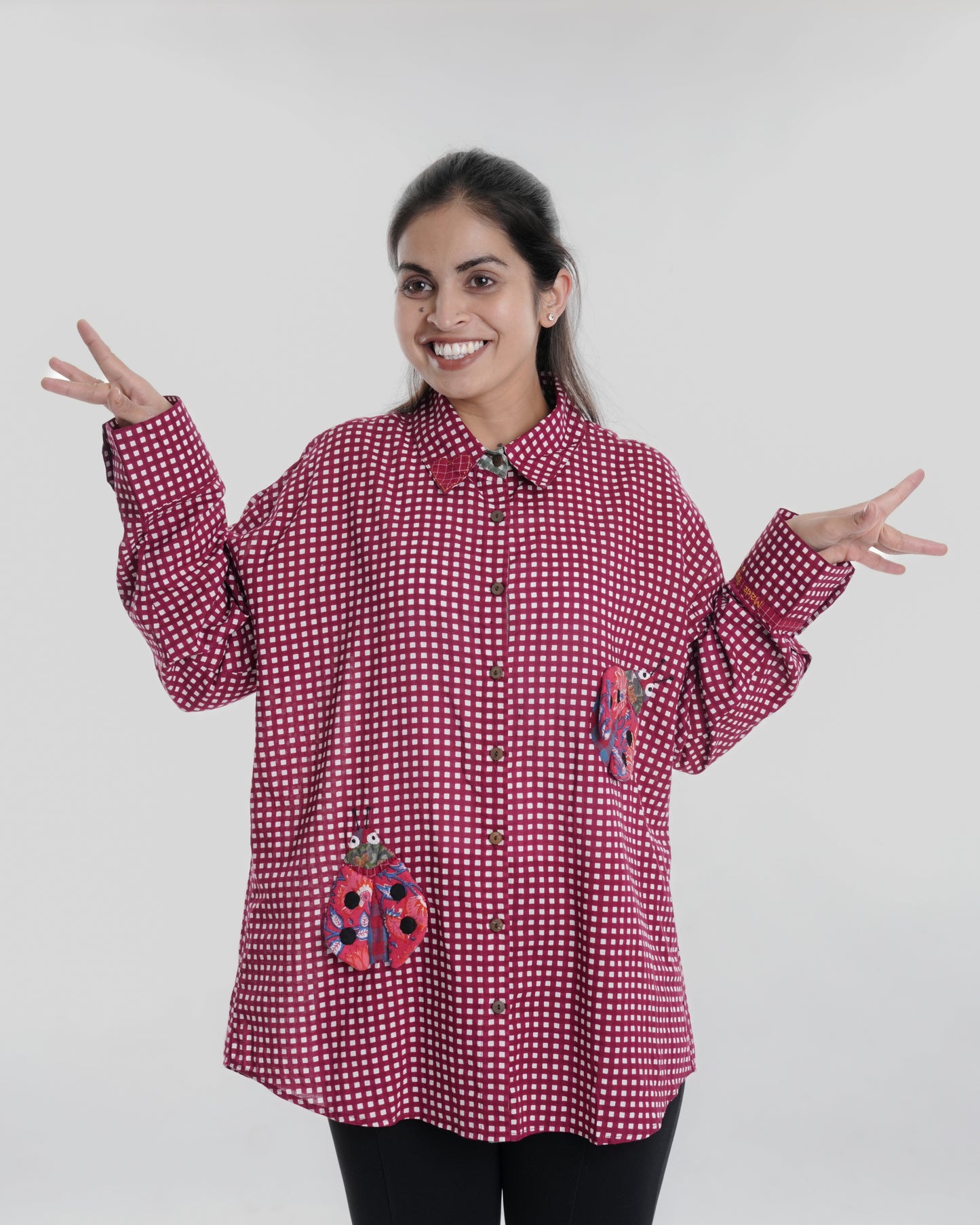 Lovebug Wearable Art Shirt, Maroon Checks