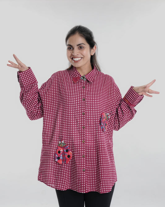 Lovebug Wearable Art Shirt, Maroon Checks
