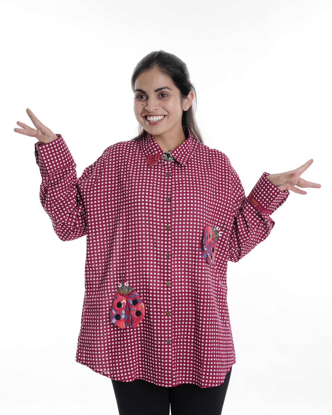 Lovebug Wearable Art Shirt, Maroon Checks
