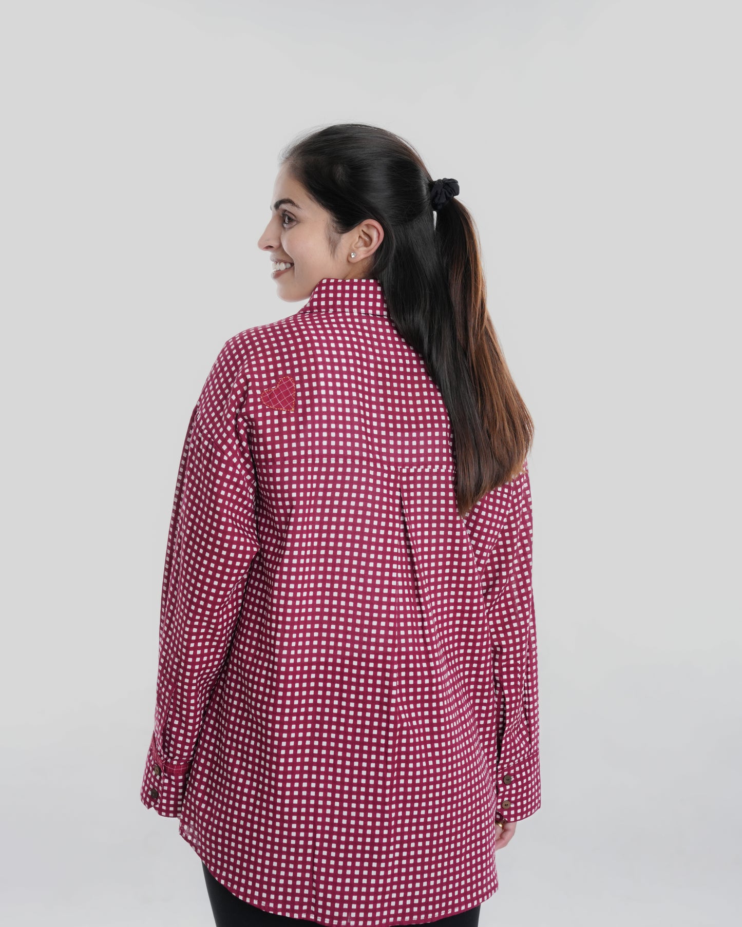 Lovebug Wearable Art Shirt, Maroon Checks