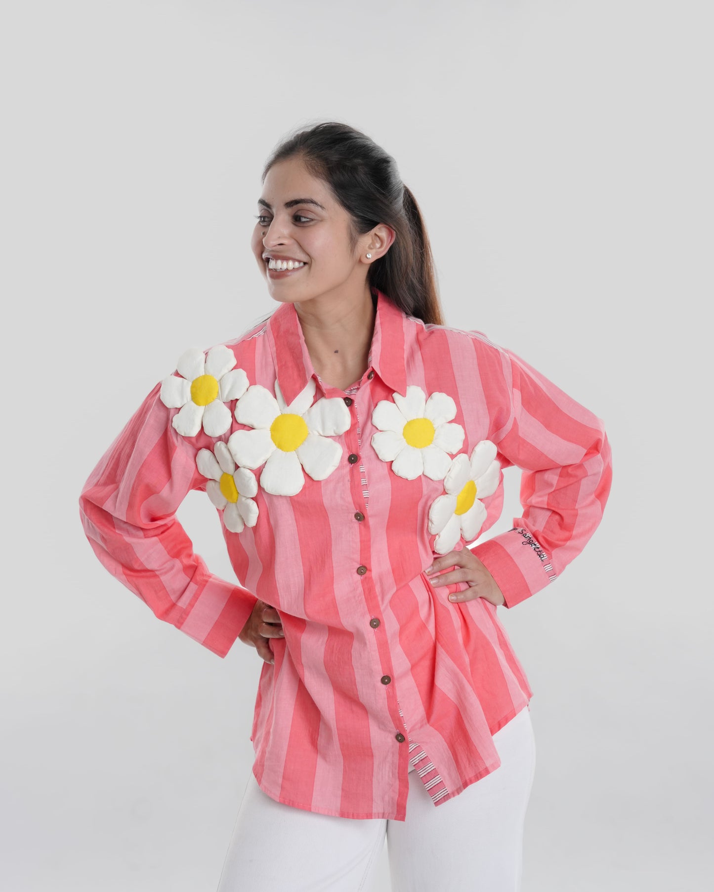 Daisy Wearable Art Shirt, Powder Pink Bold Stripe