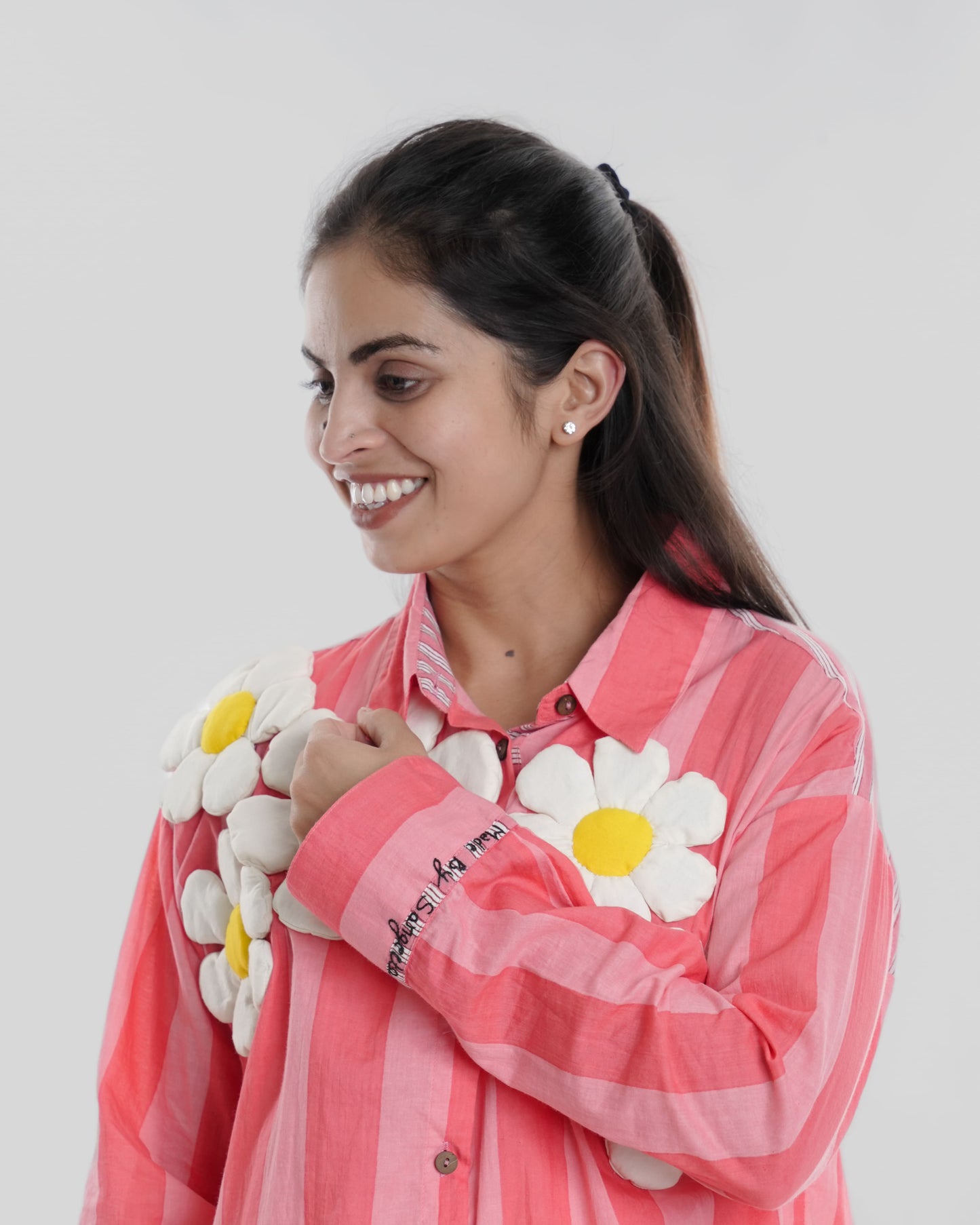 Daisy Wearable Art Shirt, Powder Pink Bold Stripe