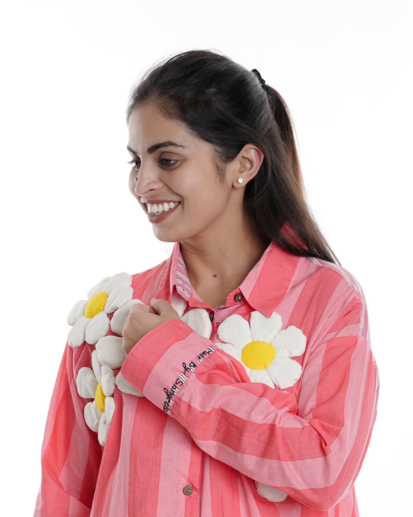 Daisy Wearable Art Shirt, Powder Pink Bold Stripe