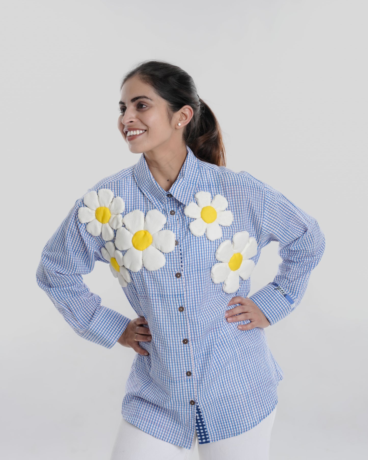 Daisy Wearable Art Shirt, Small Blue Check