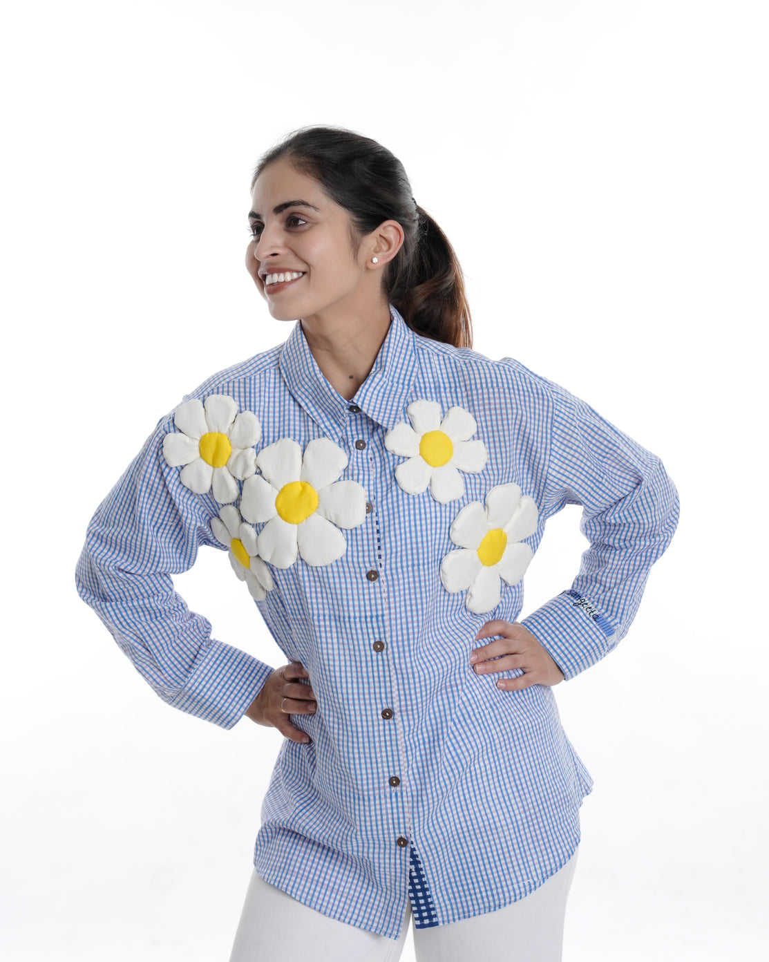 Daisy Wearable Art Shirt, Small Blue Check
