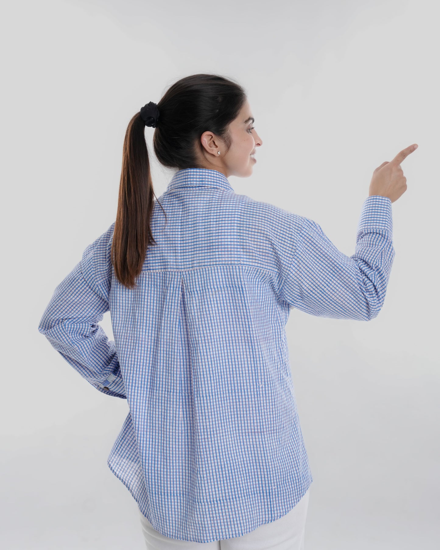 Daisy Wearable Art Shirt, Small Blue Check