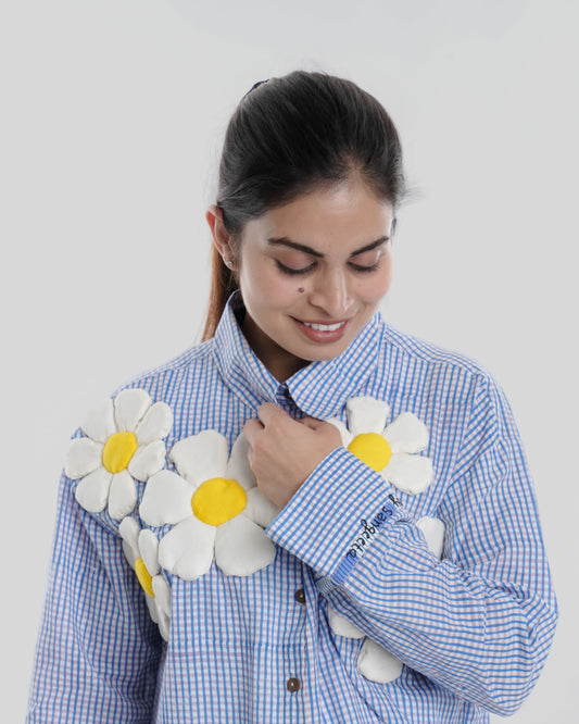 Daisy Wearable Art Shirt, Small Blue Check