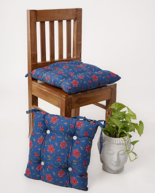 Navy Blue Printed Cotton Chair Pad