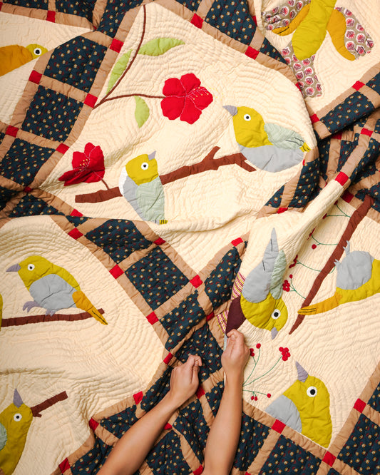 Oriental White Eye King Size Appliqué Quilt